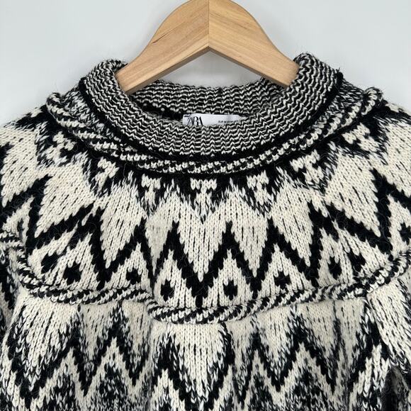 ZARA Fair Isle Chunky Knit Jacquard Crew Neck Sweater Nordic Cropped Geo Print - Picture 7 of 13